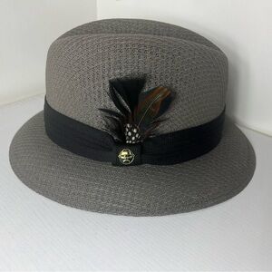 Lowrider Gray Straw Fedora Hat Feather Band Summer Paper Woven Small
